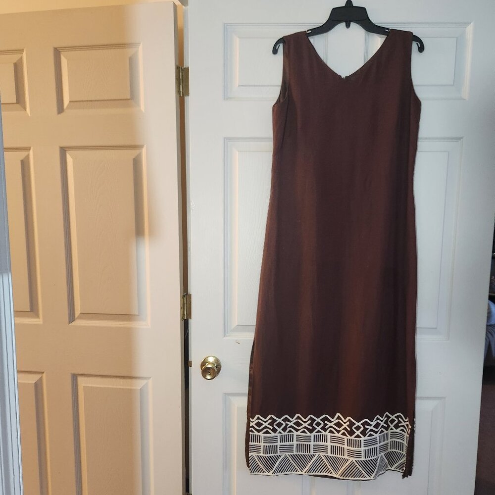 DEPECHE Yves Cosette women's dress Brown Linen/Rayon size-12 maxi zipped Vintage